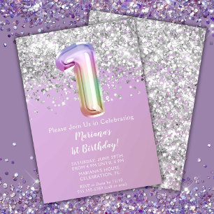 Rainbow Sparkle Glitter Girl 1st Birthday Party Invitation