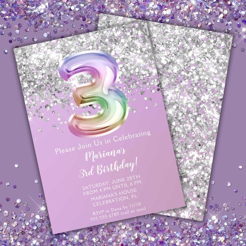 Rainbow Sparkle Glitter Girl 3rd Birthday Party Invitation