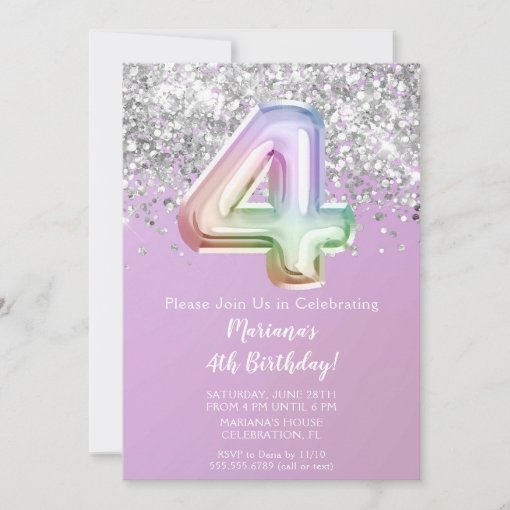 Rainbow Sparkle Glitter Girl 4th Birthday Party Invitation | Zazzle