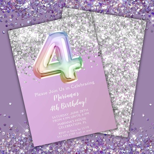 Rainbow Sparkle Glitter Girl 4th Birthday Party Invitation