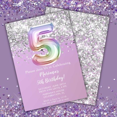 Rainbow Sparkle Glitter Girl 5th Birthday Party In Invitation