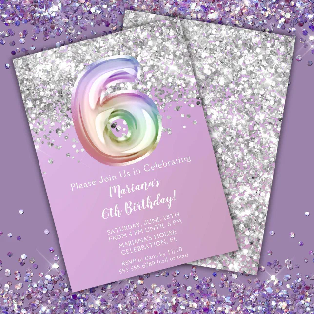 Rainbow Sparkle Glitter Girl 6th Birthday Party Invitation | Zazzle