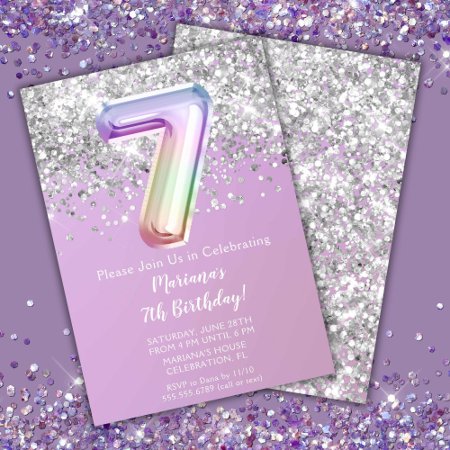 Rainbow Sparkle Glitter Girl 7th Birthday Party In Invitation