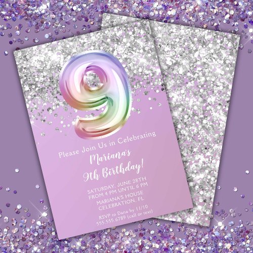 Rainbow Sparkle Glitter Girl 9th Birthday Party Invitation