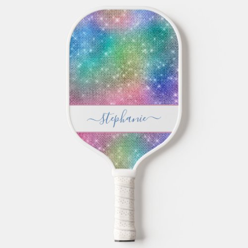 Rainbow Sparkle Glitter Girly Glam Personalized Pickleball Paddle