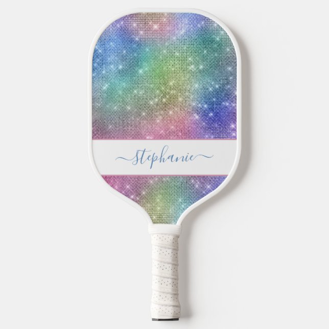 Rainbow Sparkle Glitter Girly Glam Personalized Pickleball Paddle (Front)