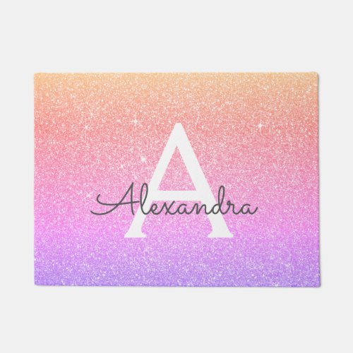 Rainbow Sparkle Glitter Monogram Name  Initial Doormat