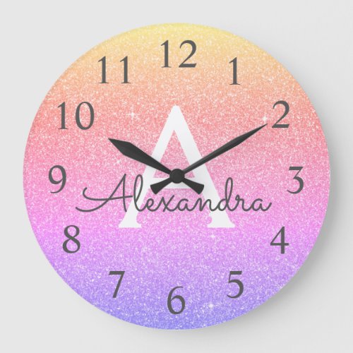 Rainbow Sparkle Glitter Monogram Name  Initial Large Clock