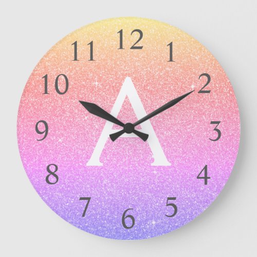 Rainbow Sparkle Glitter Monogram Name  Initial Large Clock