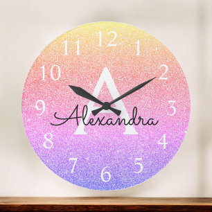 Rainbow Sparkle Glitter Monogram Name Large Clock