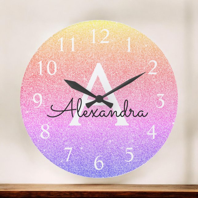 Rainbow Sparkle Glitter Monogram Name Large Clock (Creator Uploaded)