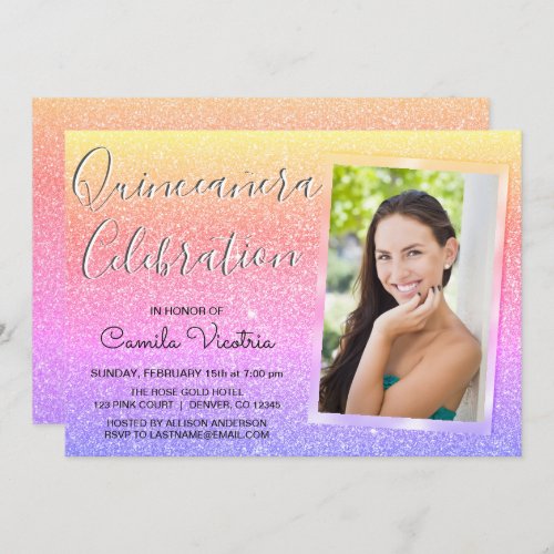 Rainbow Sparkle Glitter Quinceaera Celebration Invitation