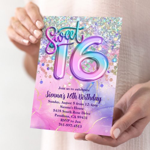 Rainbow Sparkle Glitter Sweet 16 Birthday Party Invitation