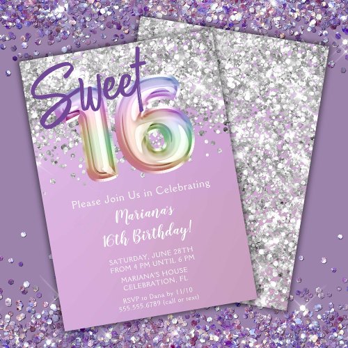 Rainbow Sparkle Glitter Sweet 16th Birthday Party Invitation