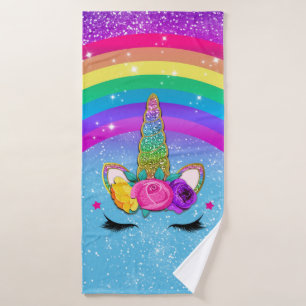 Rainbow Sparkle Glittery Unicorn Horn Face Bath Towel Set