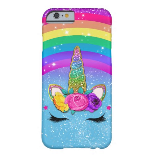 Rainbow Sparkle Glittery Unicorn Horn Face Barely There iPhone 6 Case