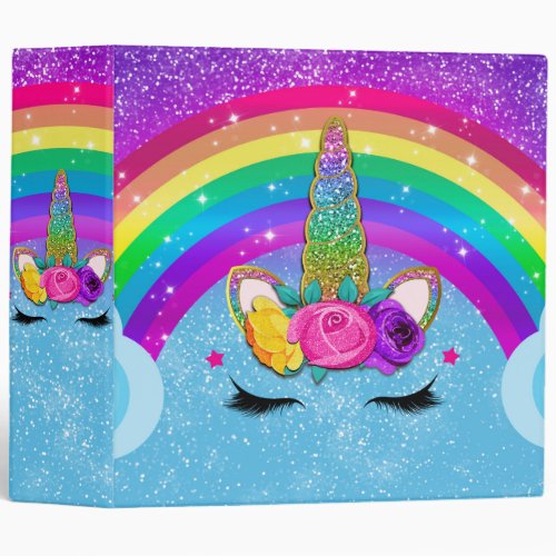 Rainbow Sparkle Glittery Unicorn Horn Face Girls 3 Ring Binder