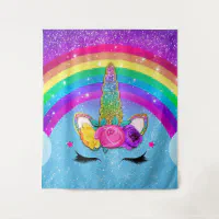 Rainbow Sparkle Glittery Unicorn Horn Face Girls Tapestry Zazzle