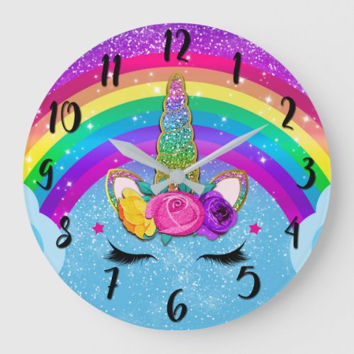 Rainbow Sparkle Glittery Unicorn Horn Face Large Clock