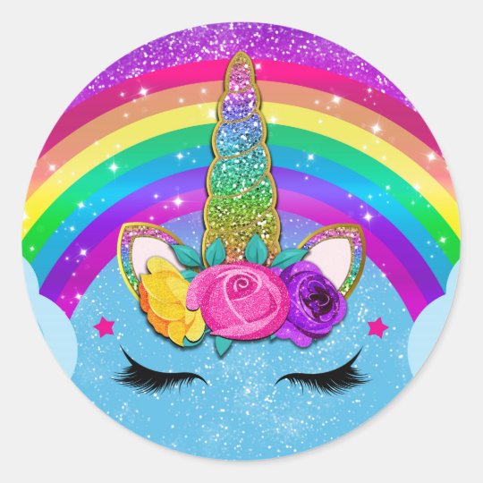 rainbow sparkle glittery unicorn horn face party classic round sticker