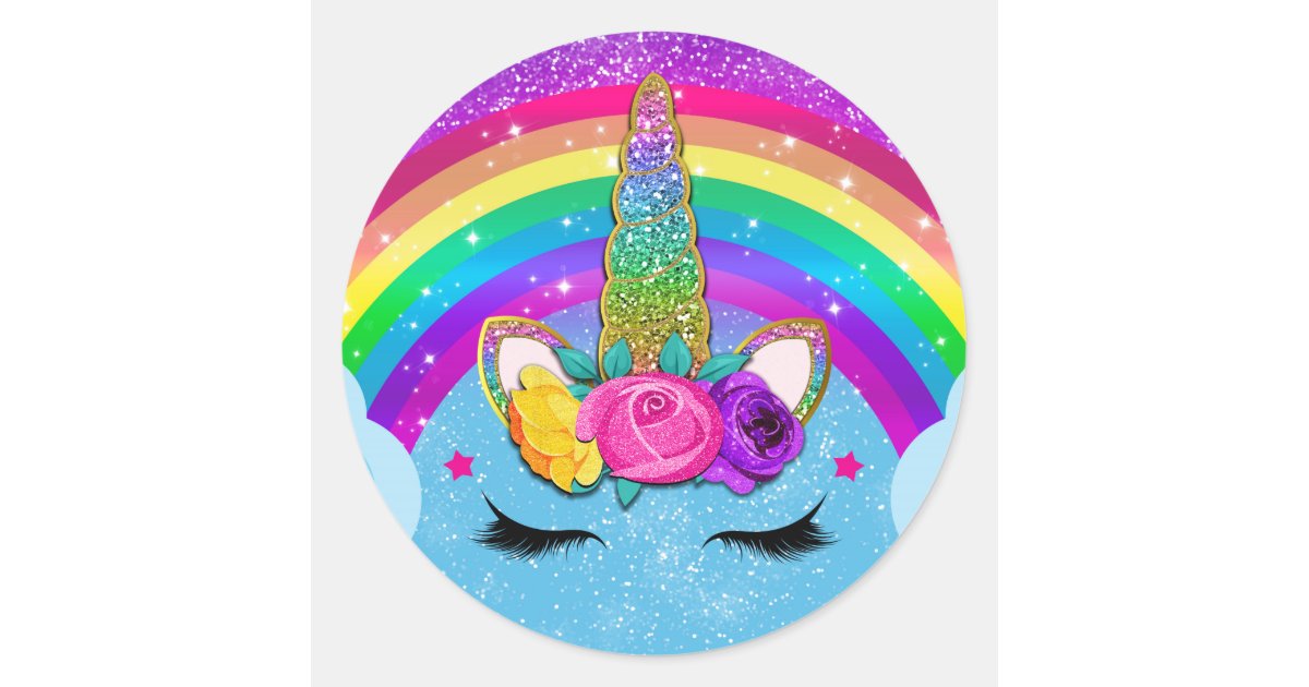 rainbow sparkle glittery unicorn horn face party classic round sticker