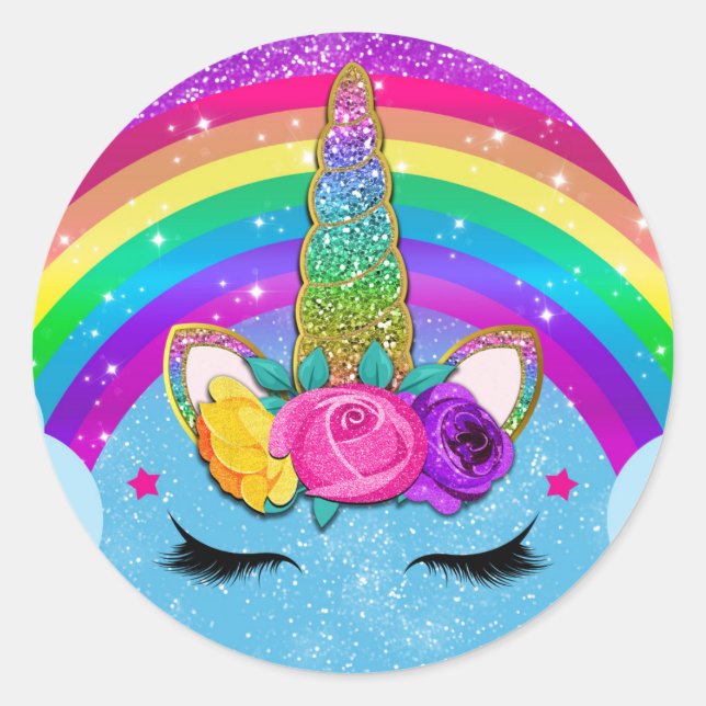 Rainbow Sparkle Glittery Unicorn Horn Face Party Classic Round Sticker (Front)