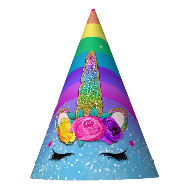 Rainbow Sparkle Glittery Unicorn Horn Face Party Hat (Front)