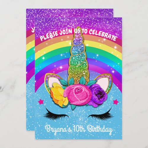 Rainbow Sparkle Glittery Unicorn Horn Face Party Invitation