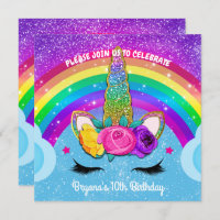 Rainbow Sparkle Glittery Unicorn Horn Face Party Invitation