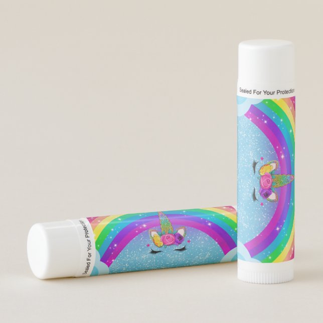 Rainbow Sparkle Glittery Unicorn Horn Face Party Lip Balm (Front)