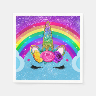 Rainbow Sparkle Glittery Unicorn Horn Face Party Napkins