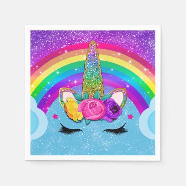 Rainbow Sparkle Glittery Unicorn Horn Face Party Napkins (Front)