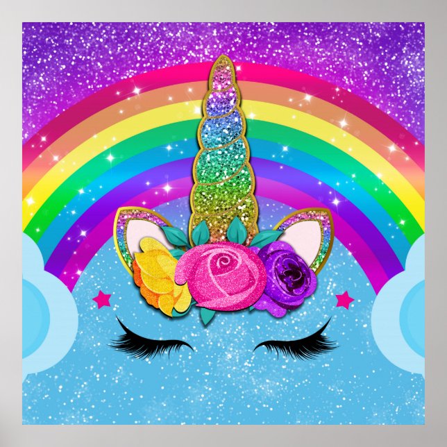 Rainbow Sparkle Glittery Unicorn Horn Face Party Poster (Front)