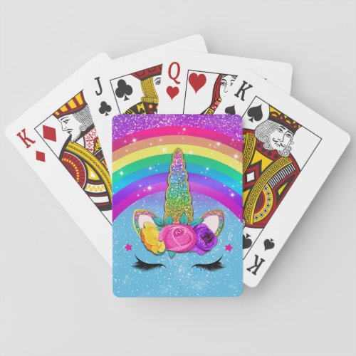 Rainbow Sparkle Glittery Unicorn Horn Face Playing Cards