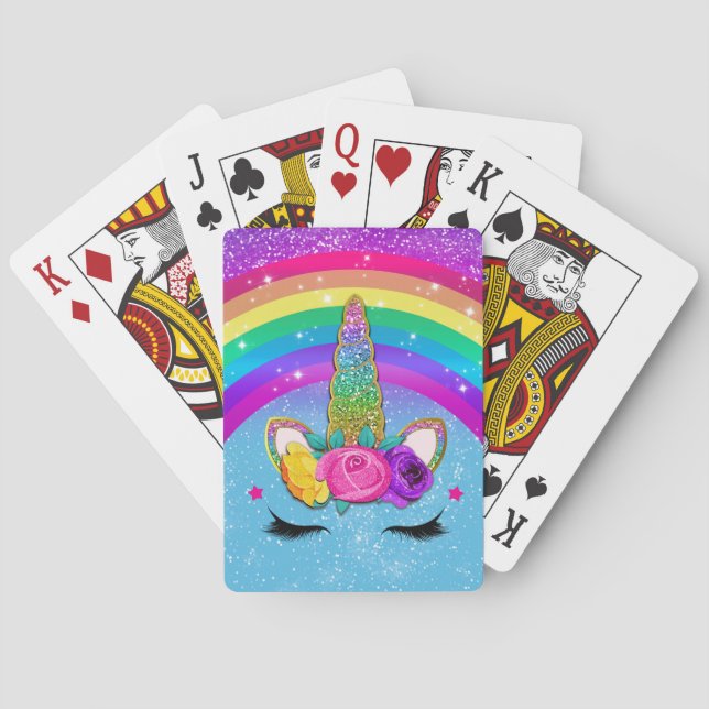 Rainbow Sparkle Glittery Unicorn Horn Face Poker Cards (Back)