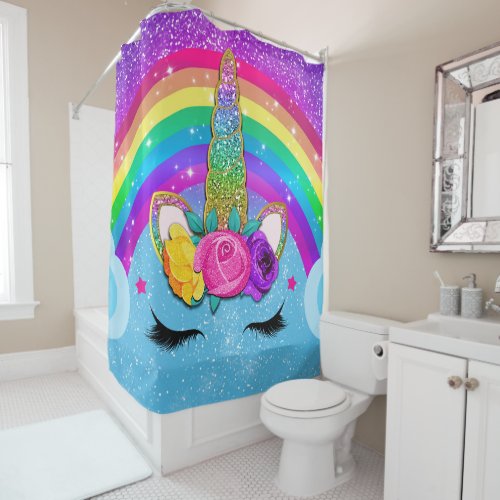 Rainbow Sparkle Glittery Unicorn Horn Face Shower Curtain