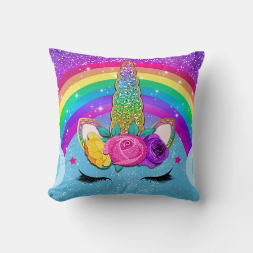 Rainbow Sparkle Glittery Unicorn Horn Face Throw Pillow