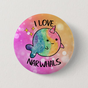 Rainbow Sparkle I Love Narwhals Button