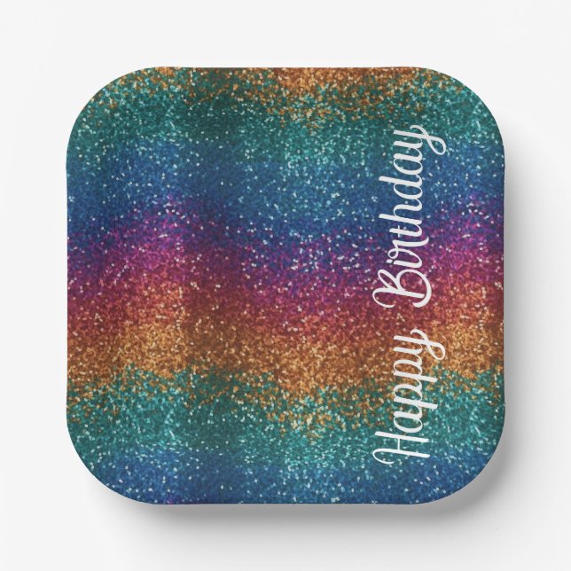 Rainbow Sparkle Metallic Elegant Happy Birthday Paper Plates (Front)