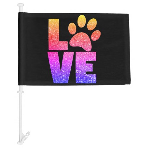 Rainbow Sparkle _ Paw Print Love on Black Car Flag