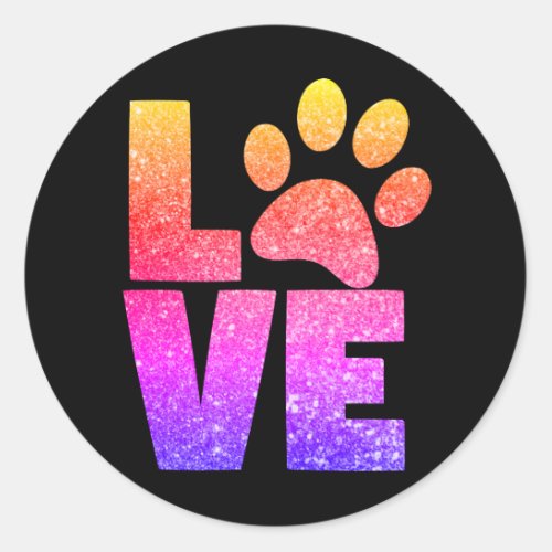 Rainbow Sparkle _ Paw Print Love on Black Classic Round Sticker