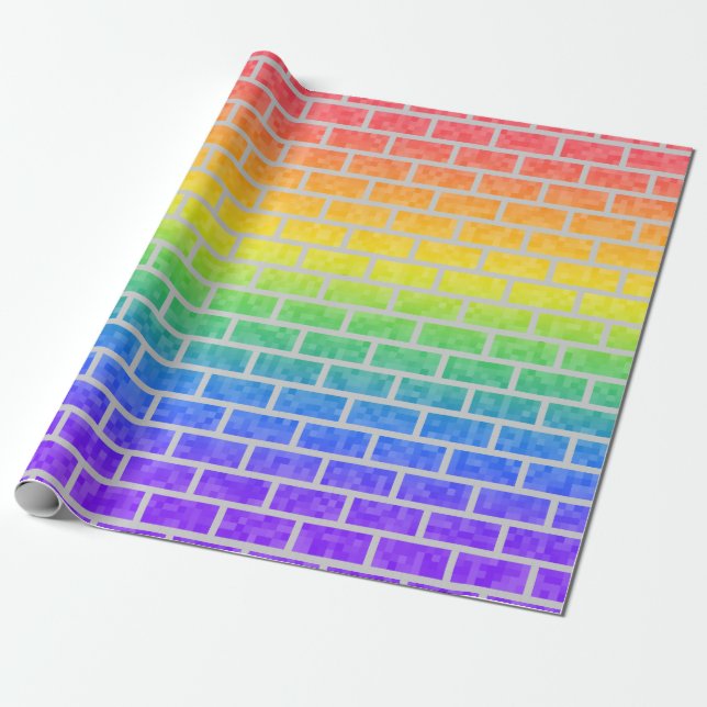 Rainbow Spectrum Pixelated 8-Bit Look Brick Wall Wrapping Paper (Unrolled)