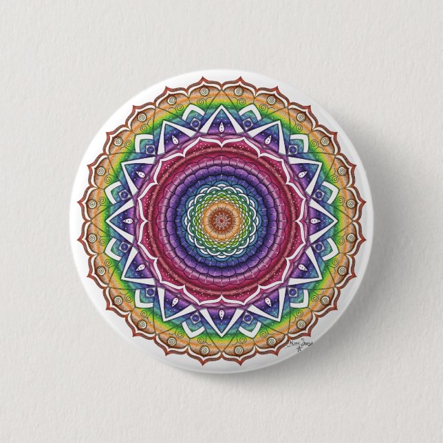 Rainbow Spiral and Geometric Flower Mandala Button (Front)