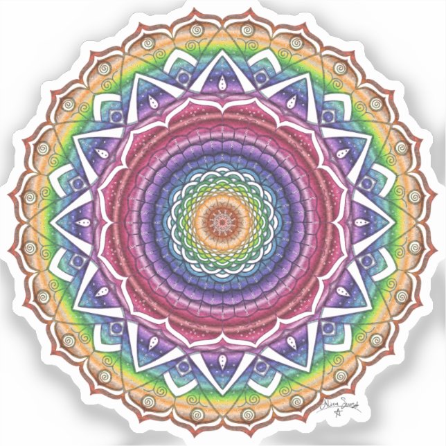 Rainbow Spiral and Geometric Flower Mandala Sticker (Front)