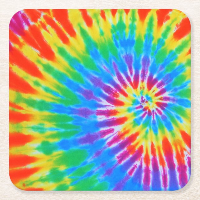 Rainbow Spiral Tie Dye Square Paper Coaster (Front)