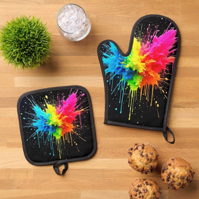 Rainbow Splash Powder Art Oven Mitt & Pot Holder Set (Top Down)