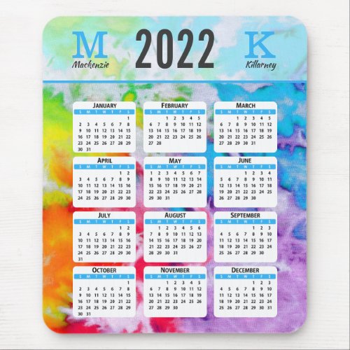 Rainbow Splash Tie Dye 2022 Calendar Monogram Name Mouse Pad