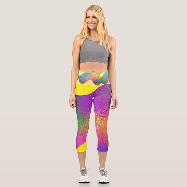 Rainbow Splatter Blob on Bold Yellow Background    Capri Leggings (Front)