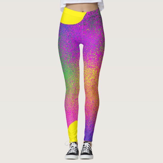 Rainbow Splatter Blob on Bold Yellow Background  Leggings (Front)