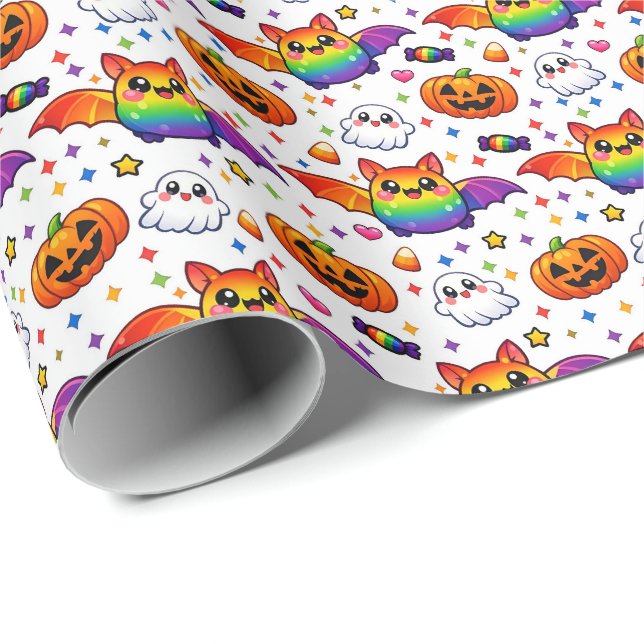 🦇🌈 Rainbow Spooky Party Wrapping Paper (Roll Corner)